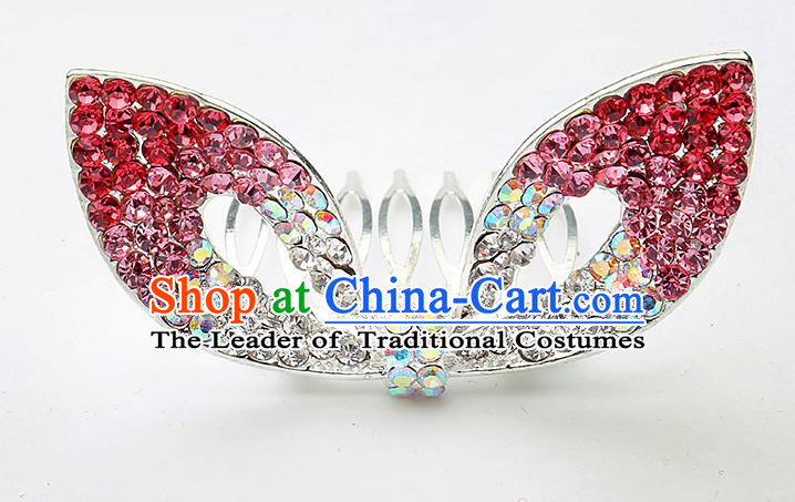 Handmade Children Hair Accessories Red Crystal Hair Comb, Princess Halloween Model Show Royal Crown Headwear for Kids