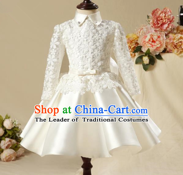 Children Model Show Dance Costume Embroidered White Lace Satin Dress, Ceremonial Occasions Catwalks Princess Full Dress for Girls