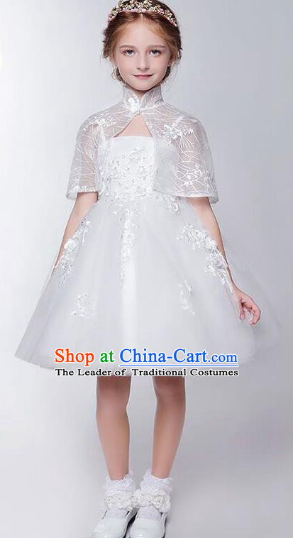 Children Christmas Model Show Dance Costume Embroidered White Veil Dress, Ceremonial Occasions Catwalks Princess Full Dress for Girls