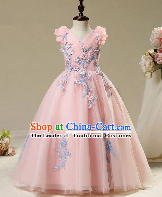 Children Christmas Model Show Dance Costume Embroidered Pink Veil Dress, Ceremonial Occasions Catwalks Princess Full Dress for Girls