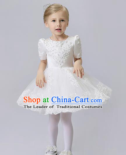 Children Model Show Dance Costume White Veil Bubble Dress, Ceremonial Occasions Catwalks Princess Full Dress for Girls