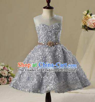 Children Model Show Dance Costume Grey Flower Petals Short Dress, Ceremonial Occasions Catwalks Princess Full Dress for Girls