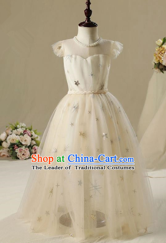 Children Model Show Dance Costume White Dress, Ceremonial Occasions Catwalks Princess Full Dress for Girls