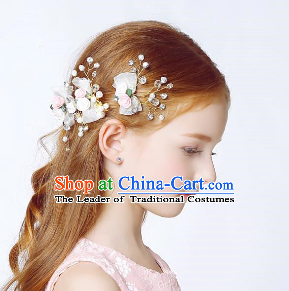 Handmade Children Hair Accessories White Flowers Bowknot Hair Clasp, Princess Halloween Model Show Headwear for Kids