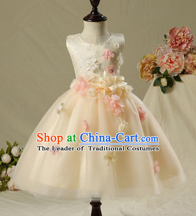 Children Model Show Dance Costume Champagne Veil Dress, Ceremonial Occasions Catwalks Princess Full Dress for Girls