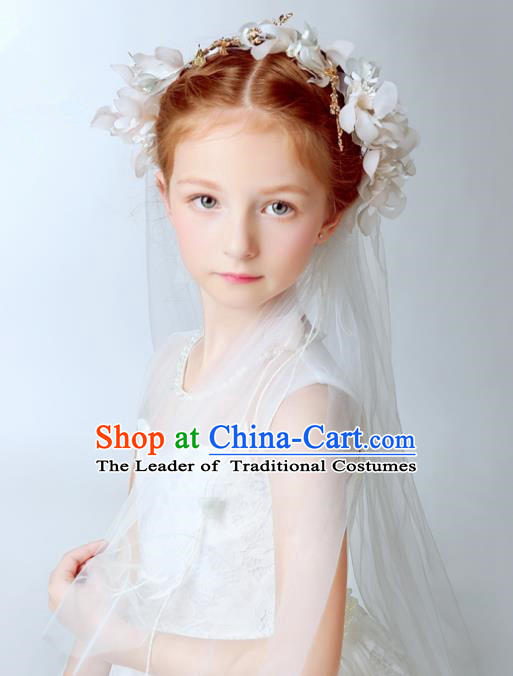 Handmade Children Hair Accessories White Flowers Head Bridal Veil, Princess Halloween Model Show Hair Clasp Headwear for Kids