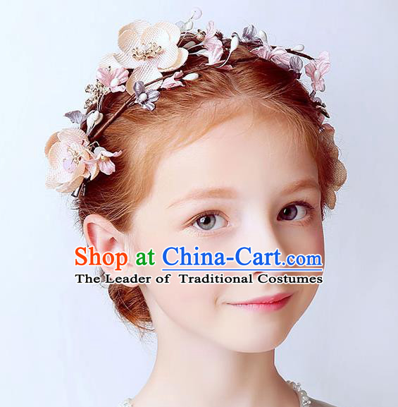 Handmade Children Hair Accessories Pink Flowers Garland, Princess Halloween Model Show Hair Clasp Headwear for Kids