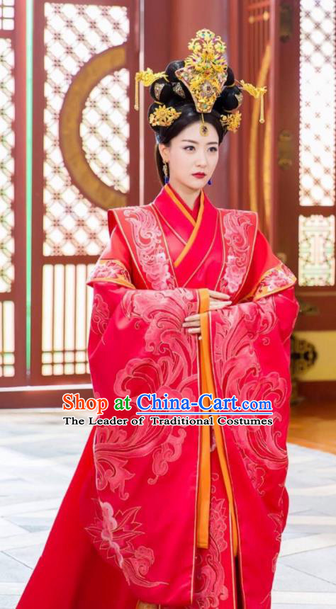 Traditional Chinese Acient Southern Liang Dynasty Imperial Empress Embroidered Wedding Costume and Handmade Headpiece Complete Set