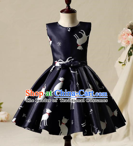 Children Model Show Dance Costume Navy Full Dress, Ceremonial Occasions Catwalks Princess Bubble Dress for Girls