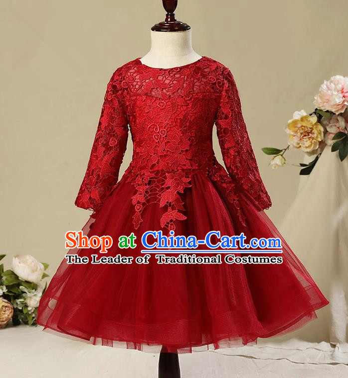 Children Model Show Dance Costume Red Veil Bubble Full Dress, Ceremonial Occasions Catwalks Princess Embroidery Dress for Girls