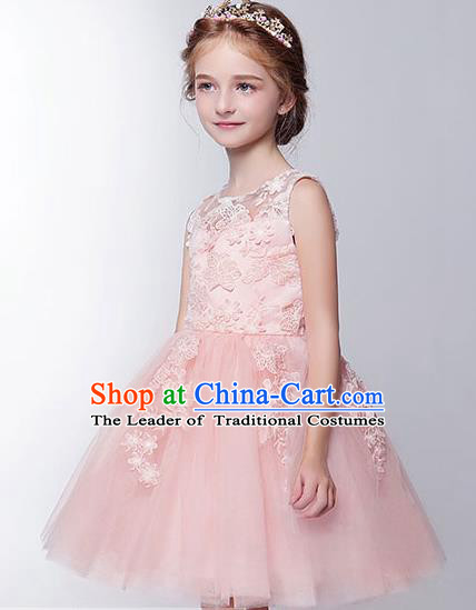 Children Model Show Dance Costume Pink Bubble Full Dress, Ceremonial Occasions Catwalks Princess Embroidery Dress for Girls