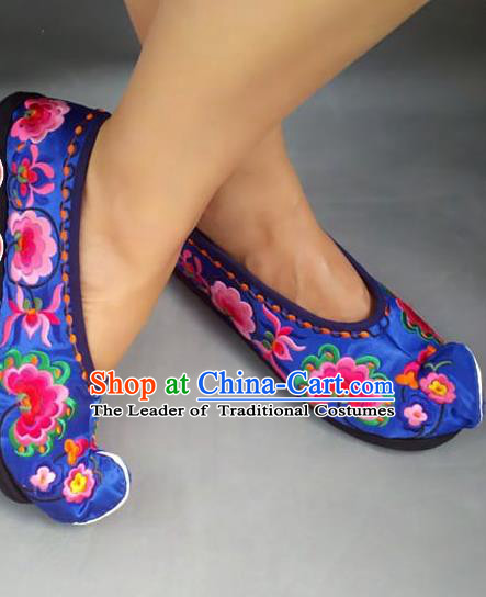 Asian Chinese Shoes Wedding Shoes Handmade Blue Embroidered Shoes, Traditional China Princess Shoes Hanfu Become Warped Head Shoe for Women