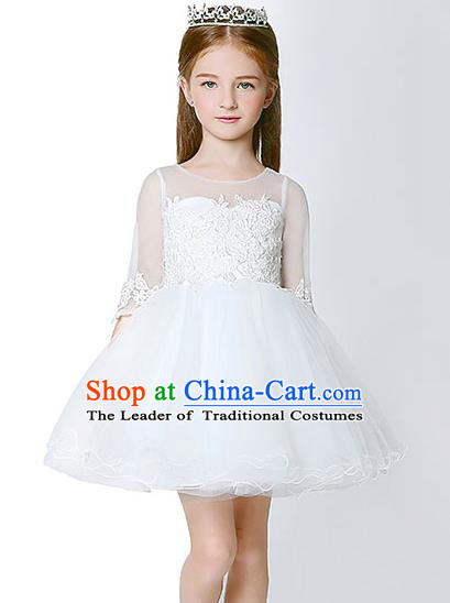 Children Model Dance Costume Compere White Veil Bubble Evening Dress, Ceremonial Occasions Catwalks Princess Embroidery Dress for Girls