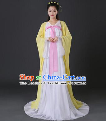 Asian China Ancient Tang Dynasty Palace Lady Costume, Traditional Chinese Princess Hanfu Embroidered Yellow Dress Clothing for Women