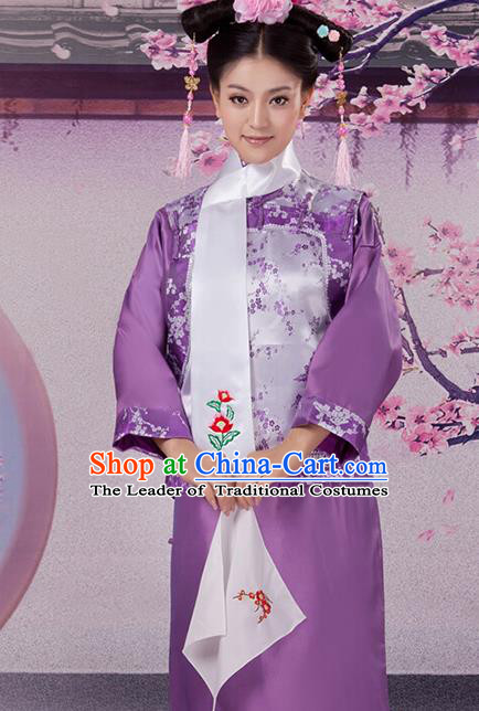 Traditional Ancient Chinese Imperial Consort Costume, Chinese Qing Dynasty Manchu Lady Princess Embroidered Purple Dress Clothing for Women