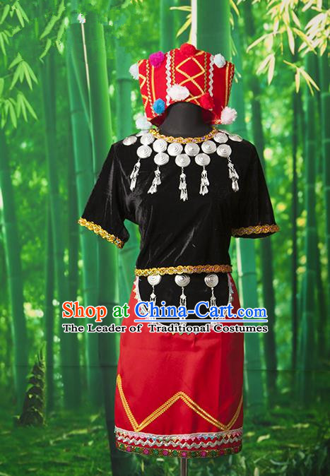 Traditional Chinese Miao Nationality Dancing Costume, Hmong Female Folk Dance Ethnic Pleated Skirt, Chinese Minority Nationality Embroidery Costume for Women