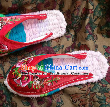 Traditional Chinese National Embroidered Shoes Handmade Red Satin Slippers, China Hanfu Embroidery Flowers Shoes for Women