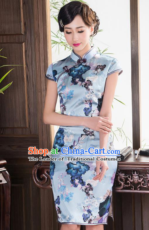 Traditional Chinese National Costume Elegant Hanfu Printing Blue Silk Cheongsam, China Tang Suit Plated Buttons Chirpaur Dress for Women