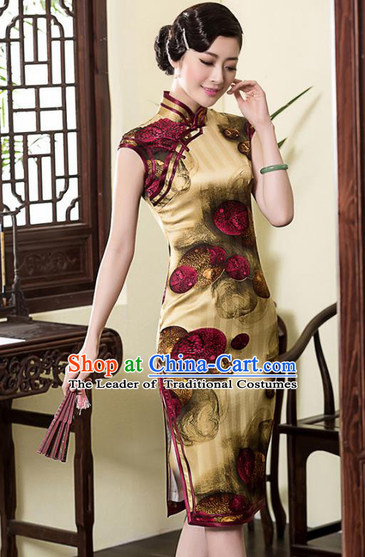 Traditional Chinese National Costume Elegant Hanfu Printing Yellow Silk Cheongsam, China Tang Suit Plated Buttons Chirpaur Dress for Women