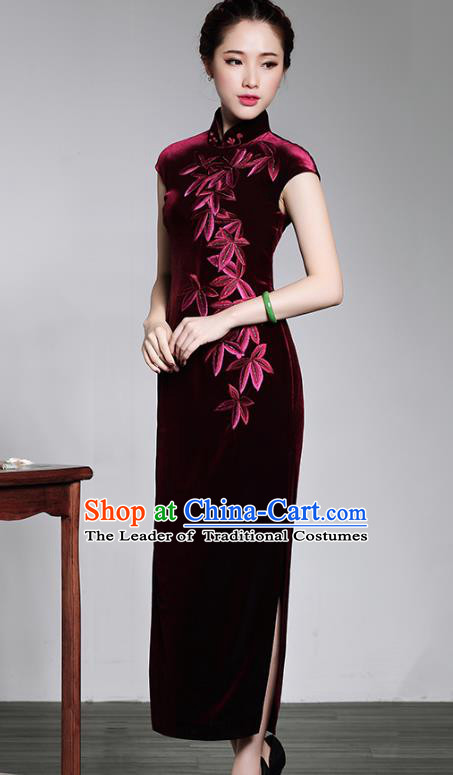 Traditional Chinese National Costume Elegant Hanfu Purple Velvet Embroidered Cheongsam, China Tang Suit Plated Buttons Chirpaur Dress for Women