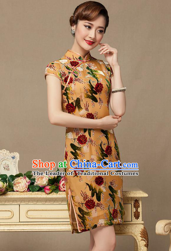 Traditional Chinese National Costume Elegant Hanfu Khaki Printing Cheongsam, China Tang Suit Plated Buttons Chirpaur Dress for Women