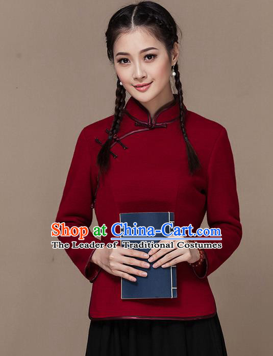 Traditional Chinese National Costume Elegant Hanfu Plated Button Red Wool Shirt, China Tang Suit Slant Opening Blouse Cheongsam Upper Outer Garment for Women