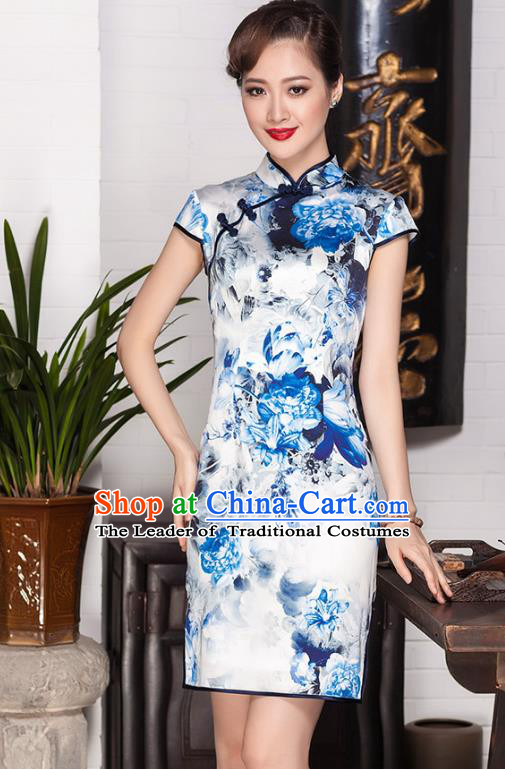 Traditional Chinese National Costume Elegant Hanfu Blue Silk Printing Cheongsam, China Tang Suit Plated Buttons Chirpaur Dress for Women