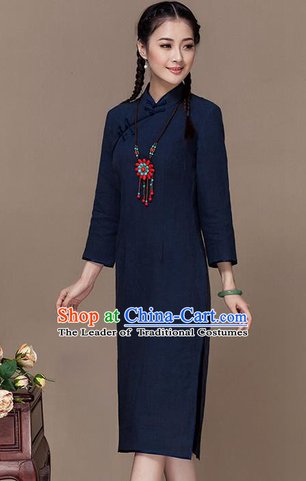 Traditional Chinese National Costume Elegant Hanfu Navy Linen Cheongsam, China Tang Suit Plated Buttons Chirpaur Dress for Women