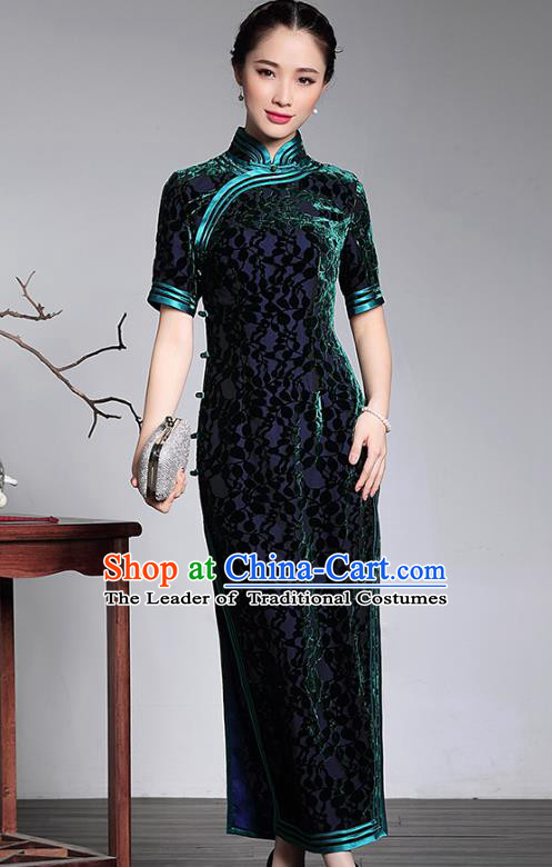 Traditional Chinese National Costume Elegant Hanfu Green Velvet Cheongsam, China Tang Suit Plated Buttons Qipao Chirpaur Dress for Women