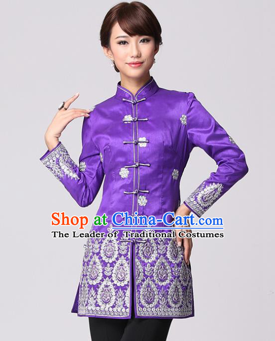 Traditional Chinese National Costume Elegant Hanfu Cheongsam Purple Embroidered Coat, China Tang Suit Plated Buttons Chirpaur Coat for Women