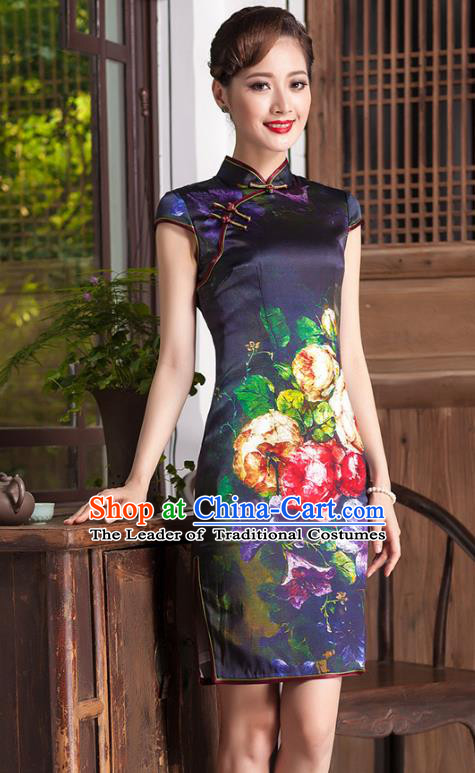 Traditional Chinese National Costume Elegant Hanfu Printing Silk Qipao Dress Cheongsam, China Tang Suit Plated Buttons Chirpaur for Women