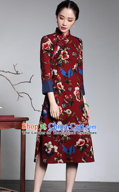 Traditional Chinese National Costume Elegant Hanfu Printing Red Qipao Dress Cheongsam, China Tang Suit Plated Buttons Chirpaur for Women