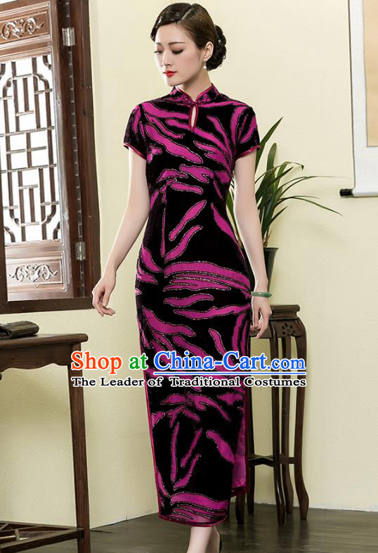 Traditional Chinese National Costume Elegant Hanfu Cheongsam Velvet Purple Flowers Qipao Dress, China Tang Suit Plated Buttons Chirpaur for Women