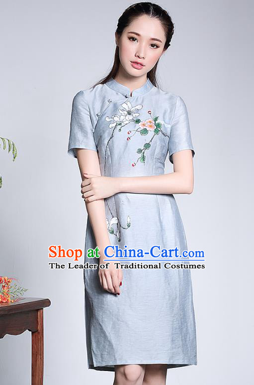 Traditional Chinese National Costume Elegant Hanfu Plated Buttons Blue Linen Qipao, China Tang Suit Hand Painting Cheongsam Dress for Women