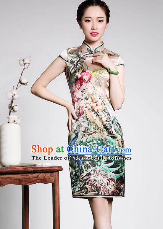 Traditional Chinese National Costume Elegant Hanfu Plated Buttons Qipao, China Tang Suit Silk Printing Cheongsam Dress for Women