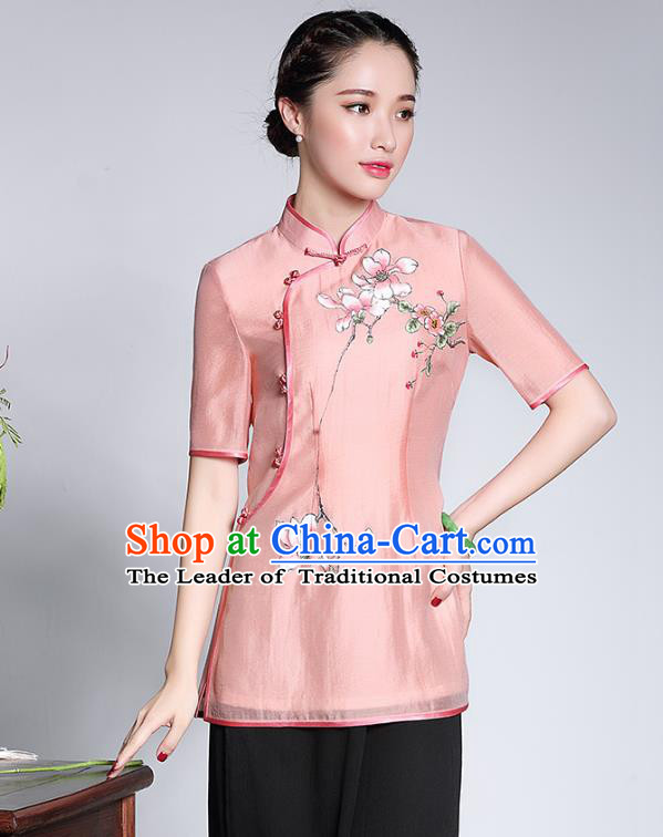 Traditional Chinese National Costume Pink Hand Painting Jacket, China Tang Suit Chirpaur Upper Outer Garment Qipao Coat for Women