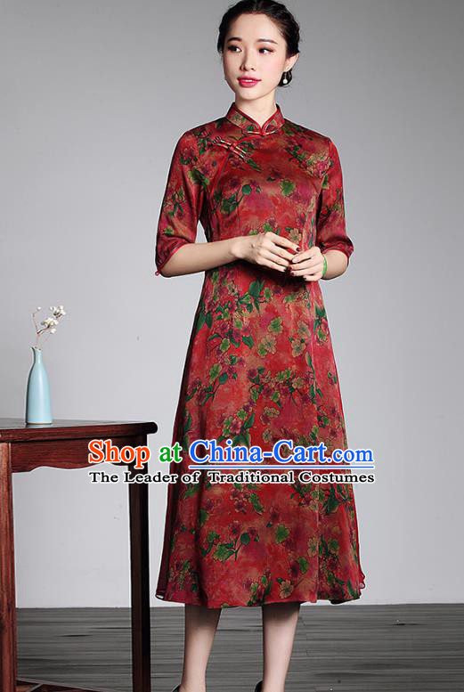 Traditional Chinese National Costume Elegant Hanfu Plated Button Mandarin Qipao, China Tang Suit Watered Gauze Cheongsam for Women