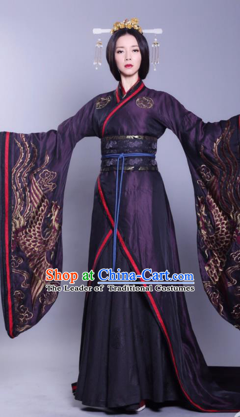 Asian China Han Dynasty Imperial Empress Hanfu Costume and Headpiece Complete Set, Traditional Chinese Ancient Palace Queen Clothing for Women