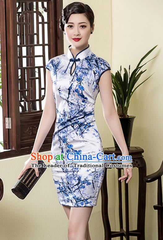 Traditional Chinese National Costume Plated Buttons Printing Wintersweet Qipao, China Tang Suit Chirpaur Silk Cheongsam for Women