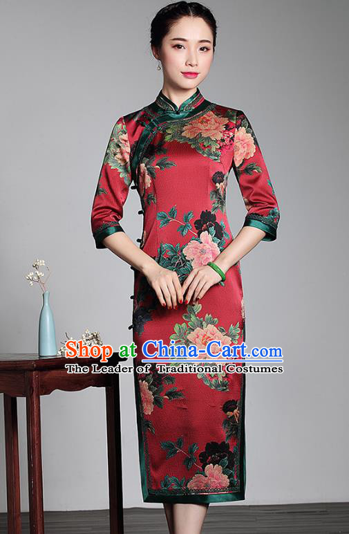 Traditional Chinese National Costume Plated Buttons Red Silk Qipao Dress, Top Grade Tang Suit Stand Collar Cheongsam for Women