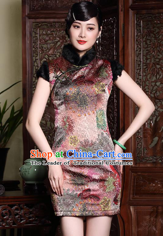 Traditional Chinese National Costume Plated Buttons Silk Short Qipao Dress, Top Grade Tang Suit Stand Collar Printing Cheongsam for Women