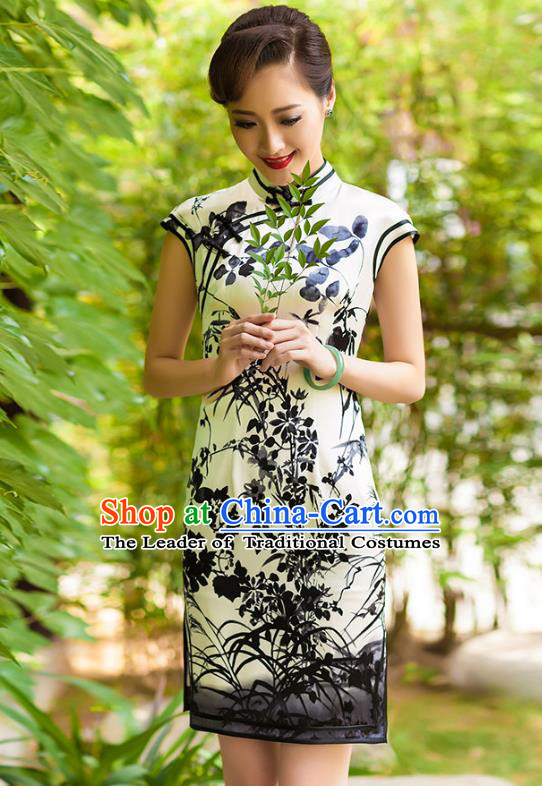 Traditional Ancient Chinese Young Lady Retro Cheongsam White Ink Painting Silk Dress, Asian Republic of China Qipao Tang Suit Clothing for Women