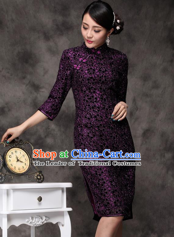 Traditional Chinese National Costume Plated Buttons Purple Qipao Dress, Top Grade Tang Suit Stand Collar Cheongsam for Women