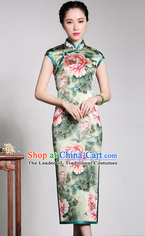 Traditional Chinese National Costume Printing Peony Green Silk Qipao, Top Grade Tang Suit Stand Collar Cheongsam Dress for Women