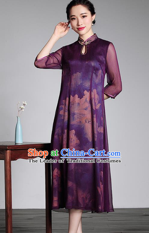 Traditional Ancient Chinese Young Lady Printing Purple Silk Cheongsam, Republic of China Stand Collar Qipao Tang Suit Dress for Women