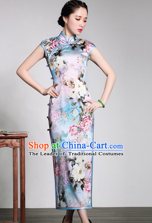 Traditional Chinese National Costume Long Qipao Printing Silk Dress, Top Grade Tang Suit Stand Collar Cheongsam for Women