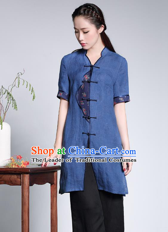 Traditional Ancient Chinese Young Lady Blue Linen Cheongsam Coats, Republic of China Qipao Tang Suit Blouse for Women