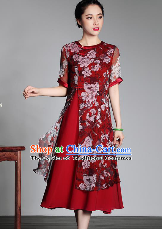 Traditional Ancient Chinese Young Lady Plated Buttons Printing Cheongsam, Asian Republic of China Red Qipao Tang Suit Dress for Women