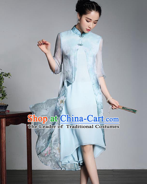 Traditional Ancient Chinese Young Lady Plated Buttons Printing Silk Cheongsam, Asian Republic of China Blue Qipao Tang Suit Dress for Women