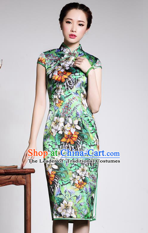 Traditional Ancient Chinese Young Lady Retro Silk Cheongsam Green Printing Dress, Asian Republic of China Qipao Tang Suit Clothing for Women